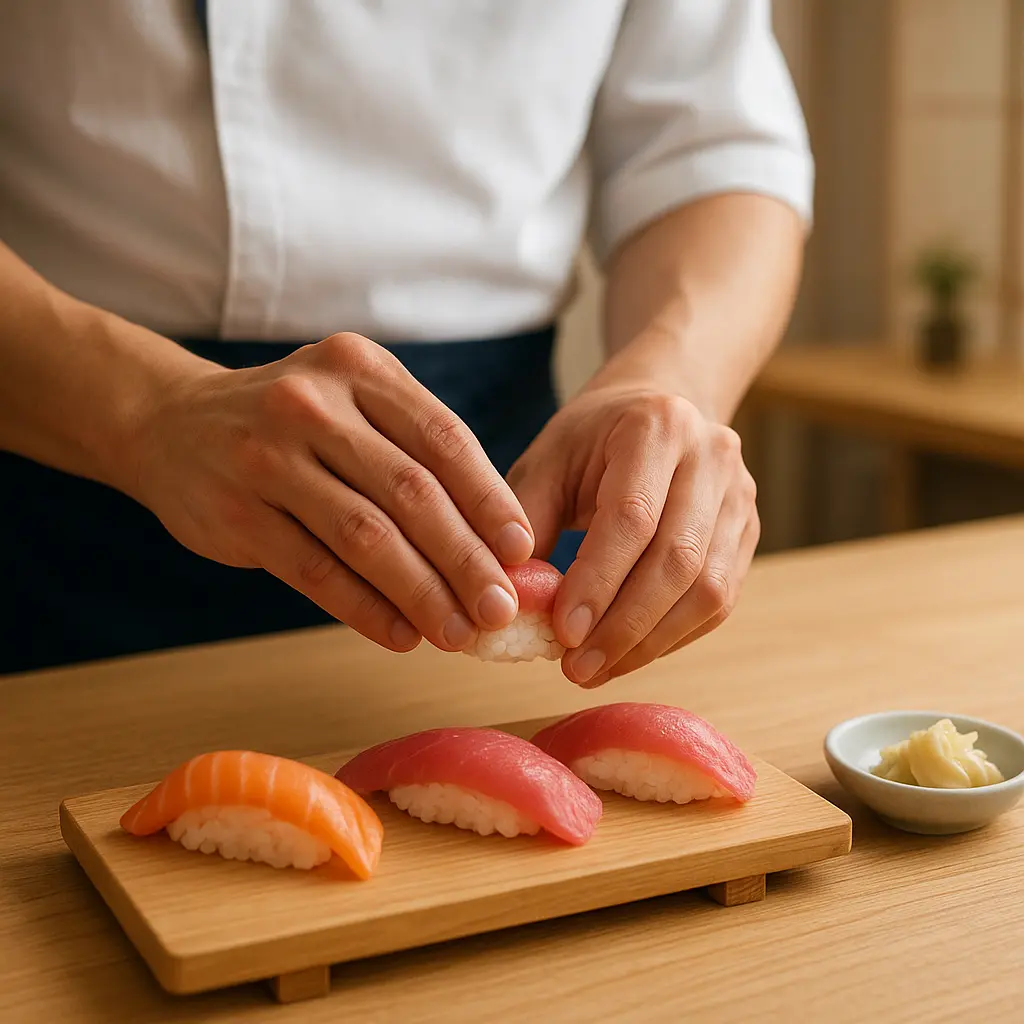 Sushi chef připravující nigiri